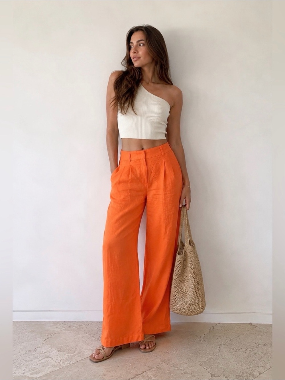 LOFT Linen Pleated The Colette wide-leg Vibrant Coastal Orange Trousers Pants 6